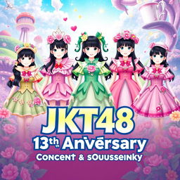 A stunning poster design for JKT48's 13th Anniversary Concert & Sousenkyo, featuring a whimsical Wonderland theme