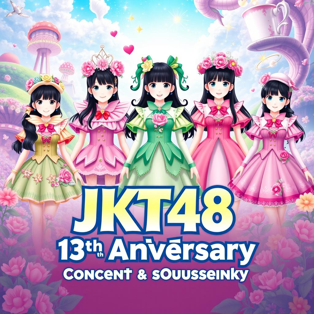 A stunning poster design for JKT48's 13th Anniversary Concert & Sousenkyo, featuring a whimsical Wonderland theme