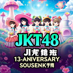 A stunning poster design for JKT48's 13th Anniversary Concert & Sousenkyo, featuring a whimsical Wonderland theme