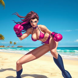 Psylocke from X-Men, depicted in a dynamic pose on a sunny beach, wearing a vibrant bikini that showcases her athletic physique
