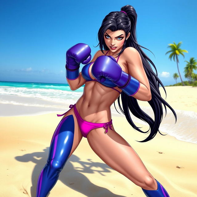 Psylocke from X-Men, depicted in a dynamic pose on a sunny beach, wearing a vibrant bikini that showcases her athletic physique