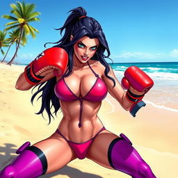 Psylocke from X-Men, depicted in a dynamic pose on a sunny beach, wearing a vibrant bikini that showcases her athletic physique