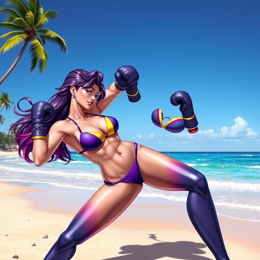 Psylocke from X-Men, depicted in a dynamic pose on a sunny beach, wearing a vibrant bikini that showcases her athletic physique