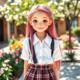 A beautiful young girl with a slender figure, brown eyes, and clear skin