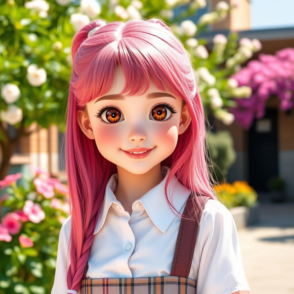 A beautiful young girl with a slender figure, brown eyes, and clear skin