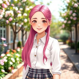 A beautiful young girl with a slender figure, brown eyes, and clear skin