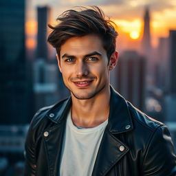 A portrait of a handsome man with chiseled features, deep blue eyes, and a confident smile