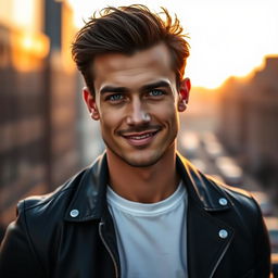 A portrait of a handsome man with chiseled features, deep blue eyes, and a confident smile
