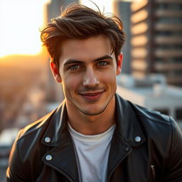A portrait of a handsome man with chiseled features, deep blue eyes, and a confident smile