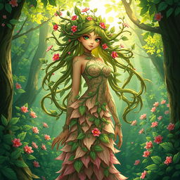 A character design of a female tree nymph, with intricate leafy patterns adorning her skin, her hair resembling strands of vines and flowers