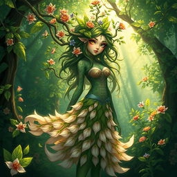 A character design of a female tree nymph, with intricate leafy patterns adorning her skin, her hair resembling strands of vines and flowers