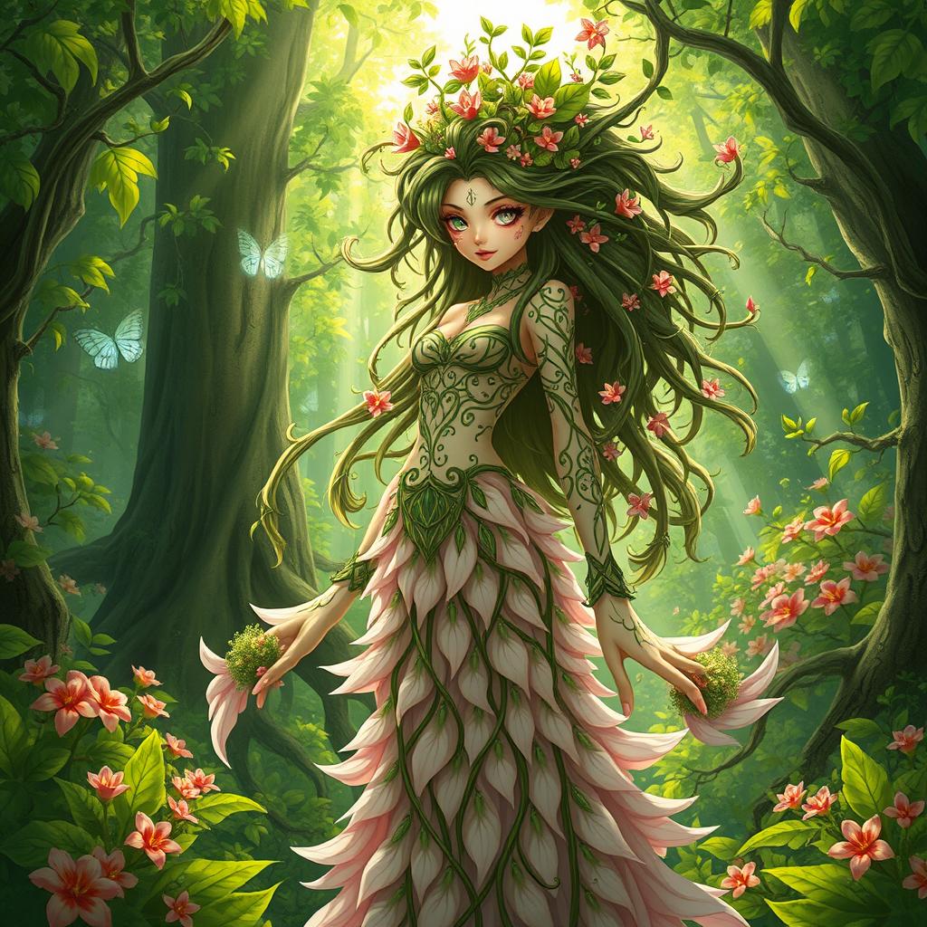 A character design of a female tree nymph, with intricate leafy patterns adorning her skin, her hair resembling strands of vines and flowers