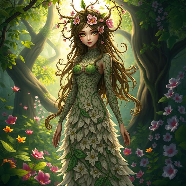 A character design of a female tree nymph, with intricate leafy patterns adorning her skin, her hair resembling strands of vines and flowers