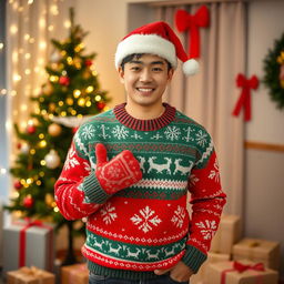 A handsome Korean man wearing festive Christmas clothes, showcasing a cozy and cheerful holiday spirit