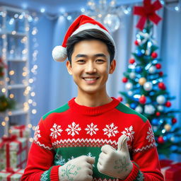 A handsome Korean man wearing festive Christmas clothes, showcasing a cozy and cheerful holiday spirit