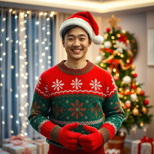 A handsome Korean man wearing festive Christmas clothes, showcasing a cozy and cheerful holiday spirit