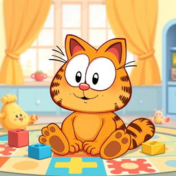 A cartoon-style illustration of a cute, chubby baby version of Garfield, the famous lasagna-loving feline