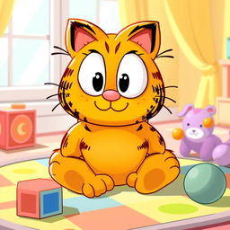 A cartoon-style illustration of a cute, chubby baby version of Garfield, the famous lasagna-loving feline