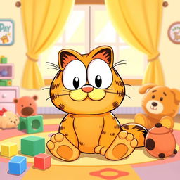 A cartoon-style illustration of a cute, chubby baby version of Garfield, the famous lasagna-loving feline