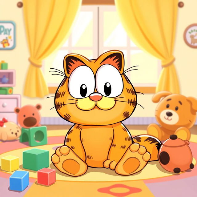 A cartoon-style illustration of a cute, chubby baby version of Garfield, the famous lasagna-loving feline