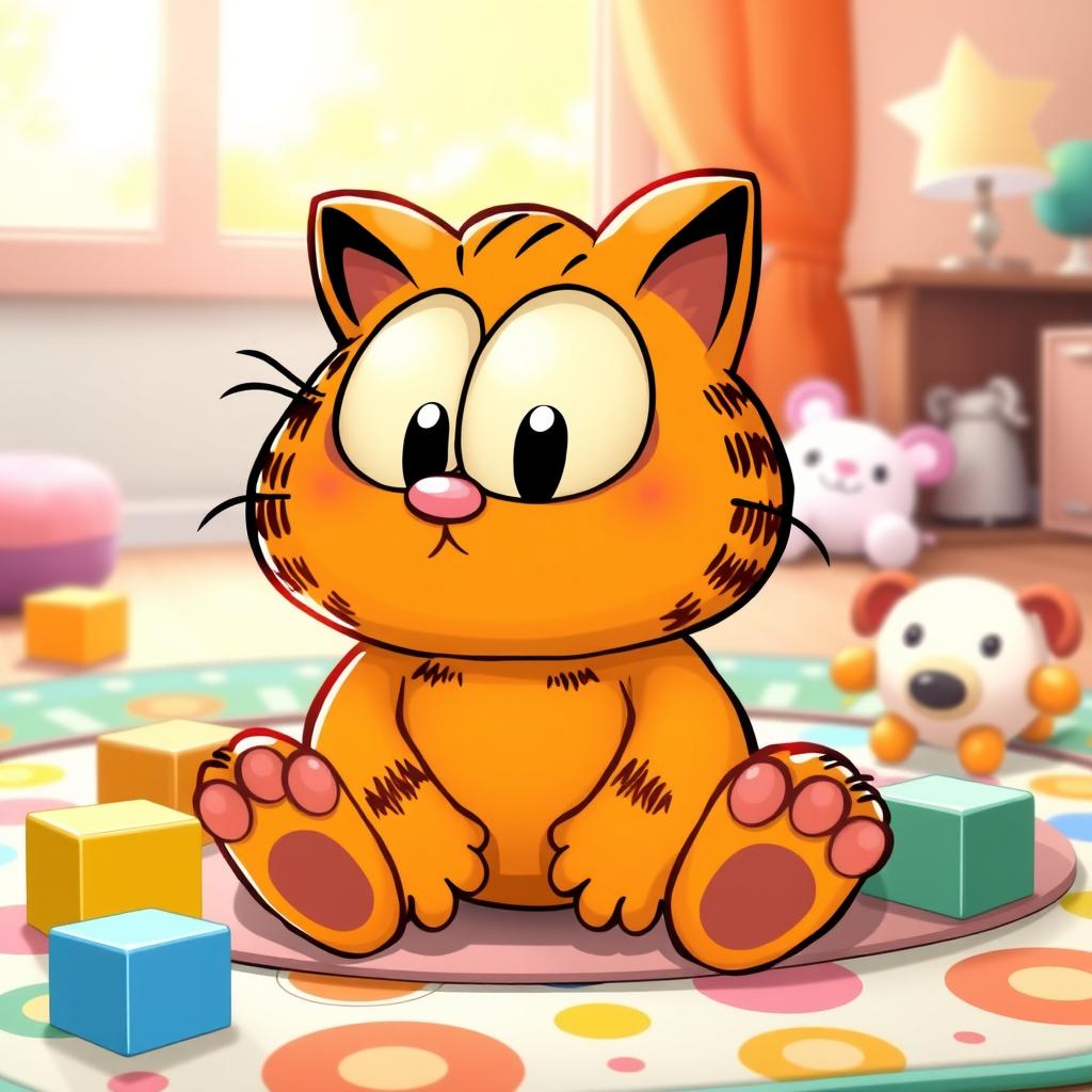 A cartoon-style illustration of a cute, chubby baby version of Garfield, the famous lasagna-loving feline