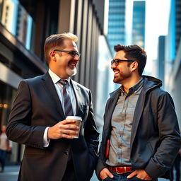 Two men standing together in an urban setting, one dressed in a smart suit and the other in casual attire, both smiling and engaging in a friendly conversation