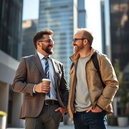 Two men standing together in an urban setting, one dressed in a smart suit and the other in casual attire, both smiling and engaging in a friendly conversation
