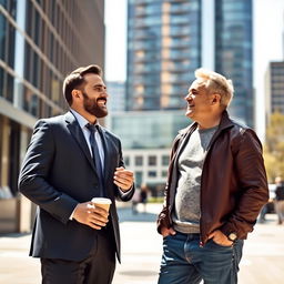 Two men standing together in an urban setting, one dressed in a smart suit and the other in casual attire, both smiling and engaging in a friendly conversation