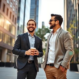 Two men standing together in an urban setting, one dressed in a smart suit and the other in casual attire, both smiling and engaging in a friendly conversation