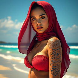 A striking portrait of a hijabi girl confidently wearing a vibrant red bikini, her body artistically adorned with intricate Quran text tattoos that flow elegantly across her skin, set against a sunlit beach backdrop