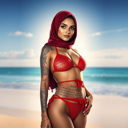 A striking portrait of a hijabi girl confidently wearing a vibrant red bikini, her body artistically adorned with intricate Quran text tattoos that flow elegantly across her skin, set against a sunlit beach backdrop