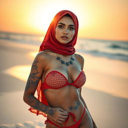 A striking portrait of a hijabi girl confidently wearing a vibrant red bikini, her body artistically adorned with intricate Quran text tattoos that flow elegantly across her skin, set against a sunlit beach backdrop