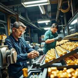 Two men working rapidly in a factory at night, creating golden products with intricate machinery around them