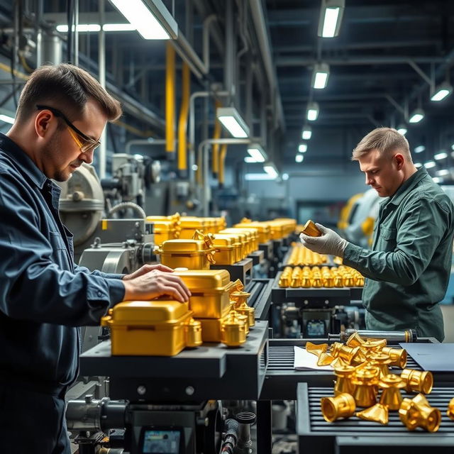 Two men working rapidly in a factory at night, creating golden products with intricate machinery around them