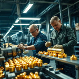 Two men working rapidly in a factory at night, creating golden products with intricate machinery around them