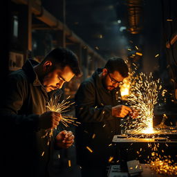 Two men working diligently in a dimly lit factory, wearing black jackets as they expertly create gold items