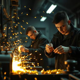 Two men working diligently in a dimly lit factory, wearing black jackets as they expertly create gold items