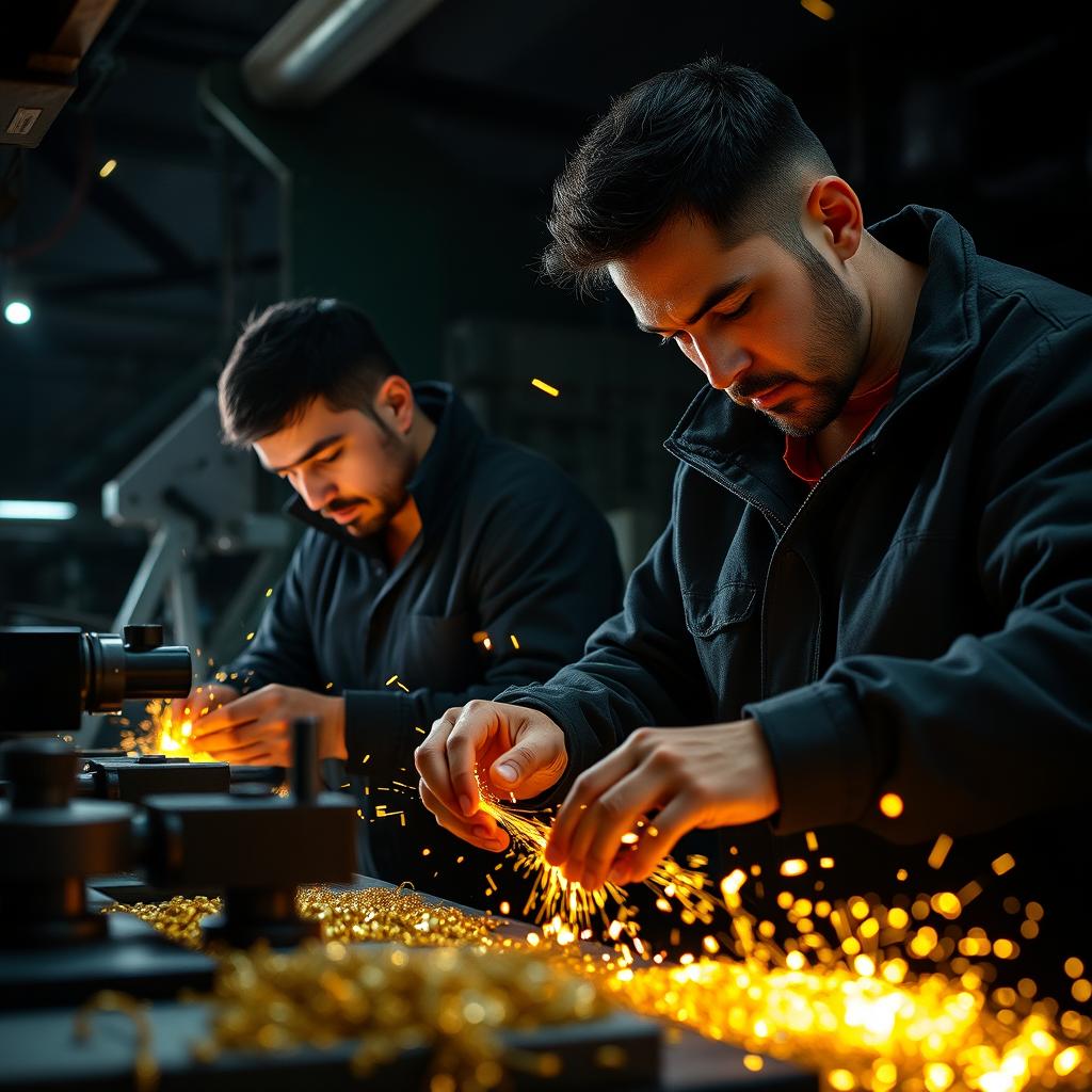 Two men working diligently in a dimly lit factory, wearing black jackets as they expertly create gold items