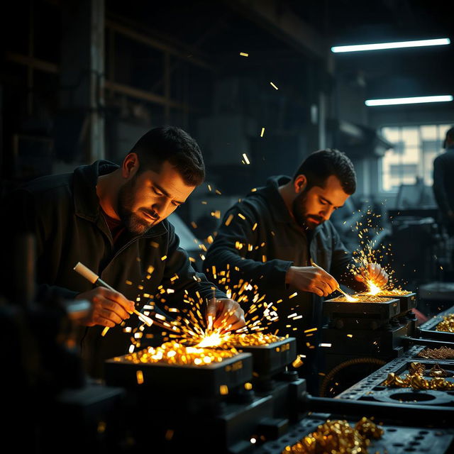 Two men working diligently in a dimly lit factory, wearing black jackets as they expertly create gold items