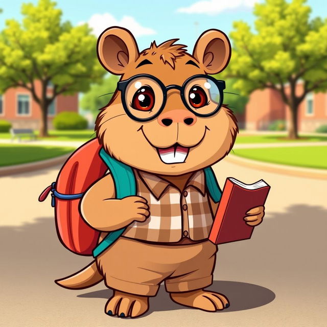 A cute cartoon capybara depicted as a school student