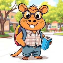 A cute cartoon capybara depicted as a school student