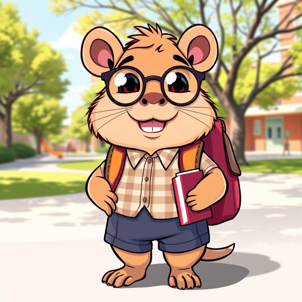 A cute cartoon capybara depicted as a school student