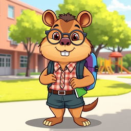 A cute cartoon capybara depicted as a school student