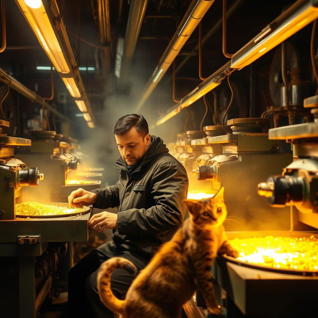 Two men working in a factory at night, surrounded by gold-making machinery