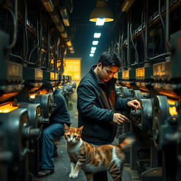 Two men working in a factory at night, surrounded by gold-making machinery