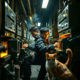 Two men working in a factory at night, surrounded by gold-making machinery