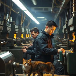Two men working in a factory at night, surrounded by gold-making machinery