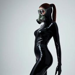 A stylish female figure dressed in a sleek, full-enclosure black latex suit that fits tightly, accentuating her curves