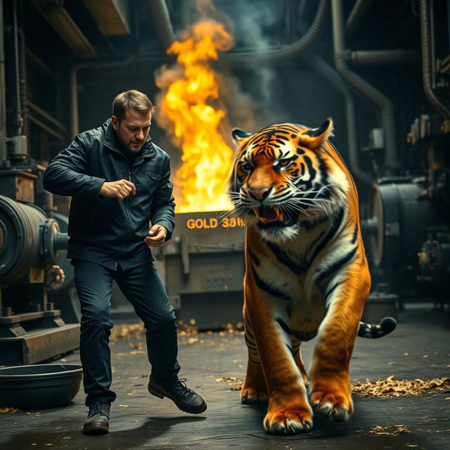 Two men in black jackets working quickly in a factory setting, surrounded by machinery used for gold making