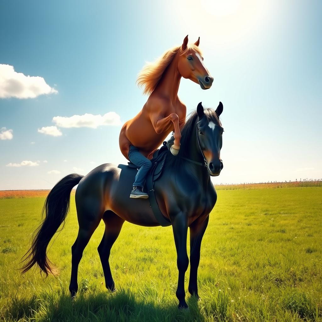A whimsical and surreal scene showcasing a horse riding another horse, both standing in a lush green meadow under a bright blue sky